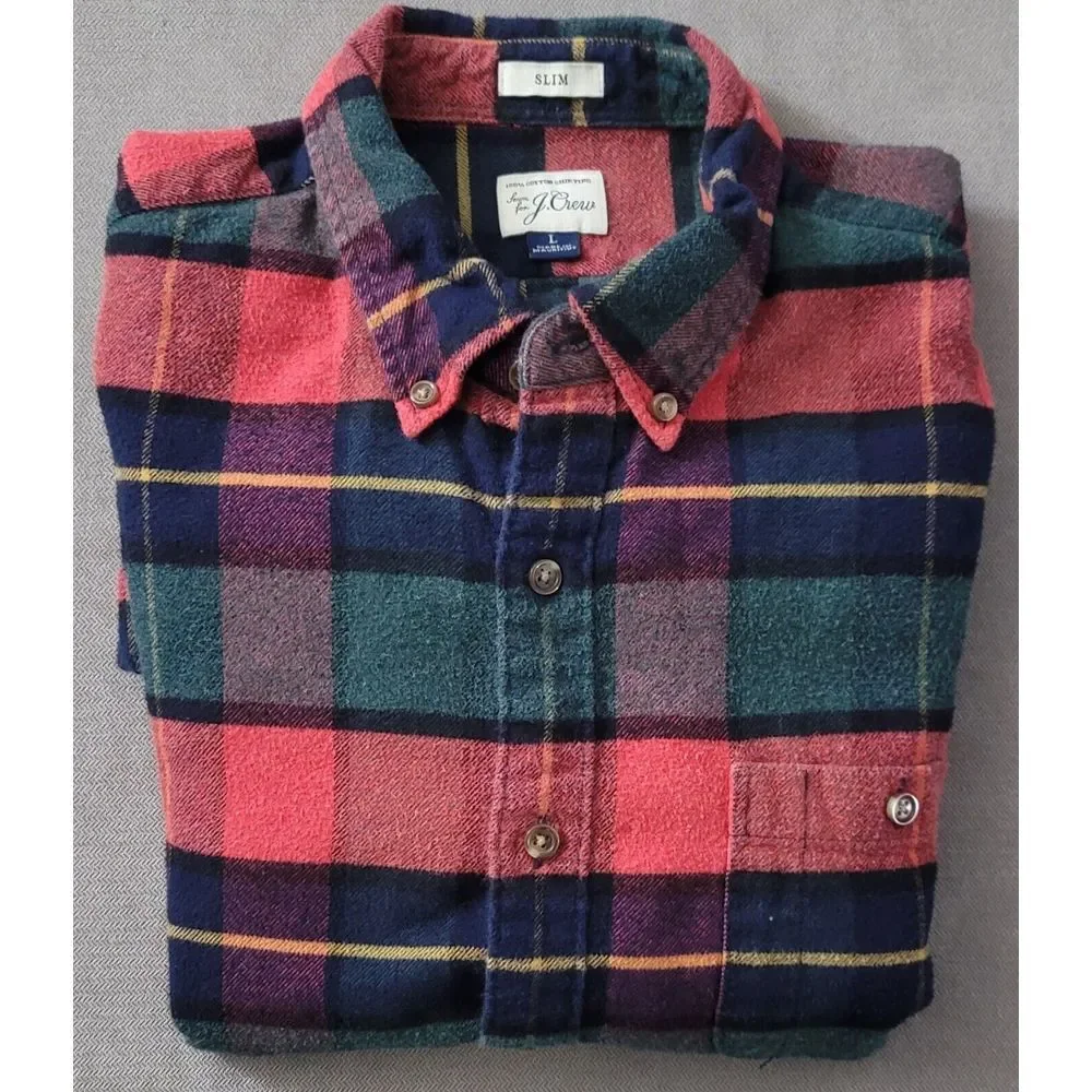 J. Crew Men's Red Green‎ Slim Fit Long Sleeve Flannel Button Up Shirt Size Large